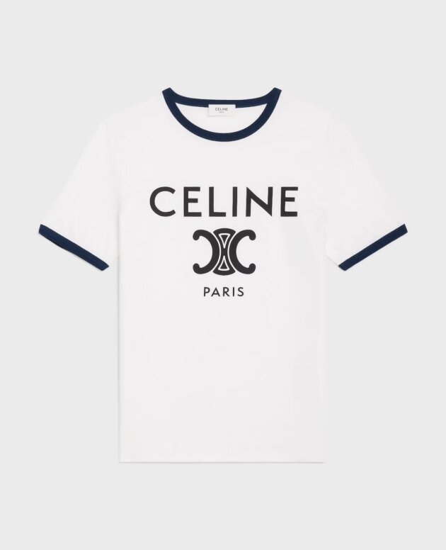 CELINE T-shirt in jersey di cotone Off-White / Blu navy / Nero